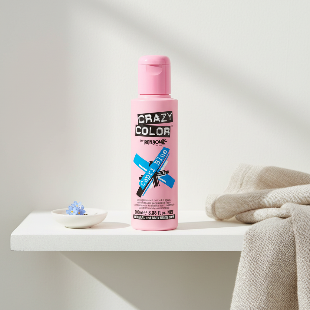 Crazy Color Capri Blue No.44 hair dye bottle styled on a clean bathroom shelf with minimal props, natural window light, interior magazine quality