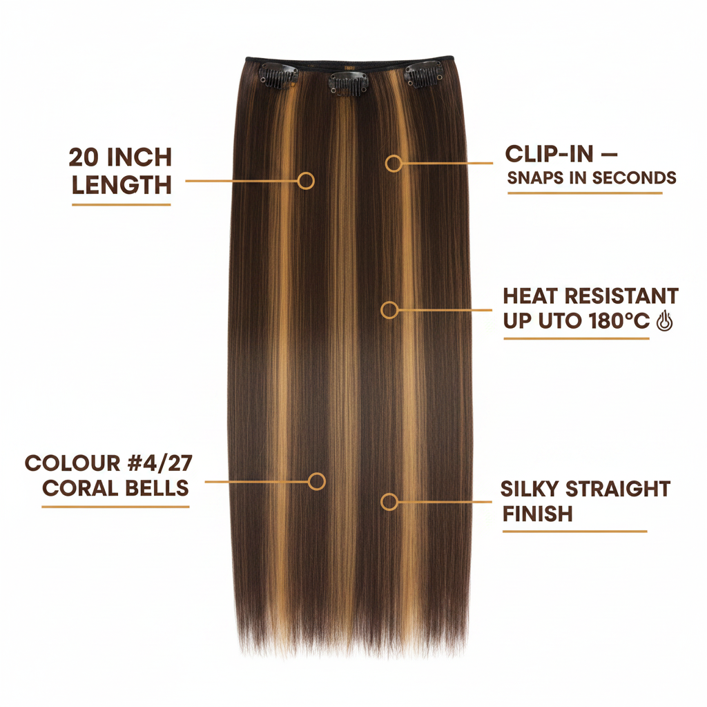 Feature infographic for 20 inch clip-in hair extension #4/27 Coral Bells showing key features: length, clip-in convenience, heat resistance, and silky straight finish