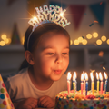 Child wearing silver prismatic birthday tiara blowing out birthday candles with sparkling crystals