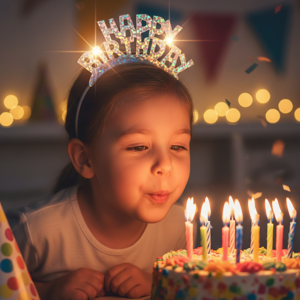Child wearing silver prismatic birthday tiara blowing out birthday candles with sparkling crystals