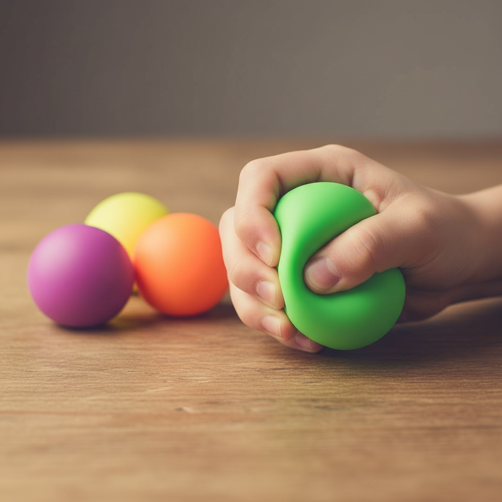 Child's hand squeezing a neon green squishy ball with other neon balls scattered on a wooden table