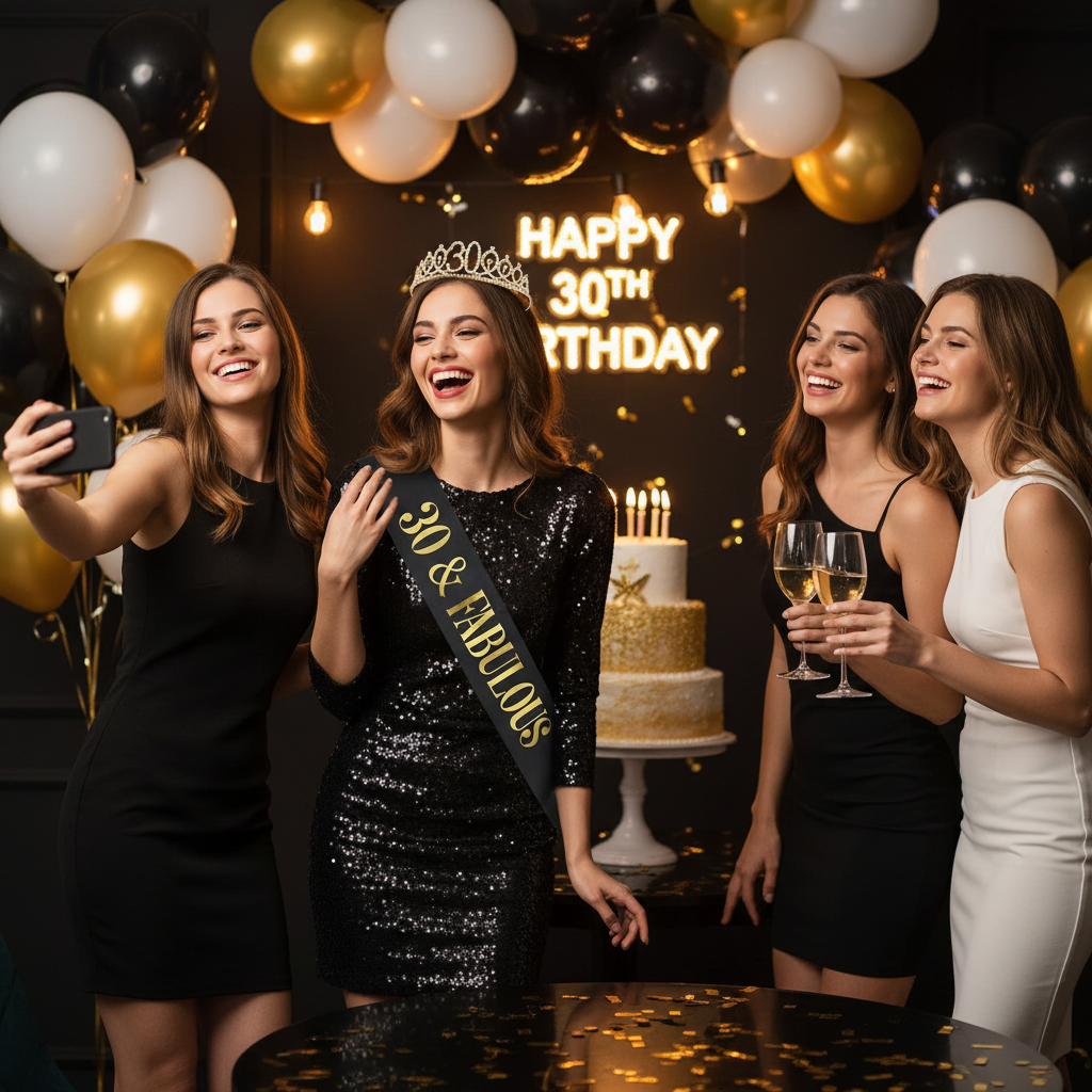 Stylish woman celebrating 30th birthday with friends wearing gold tiara and black gold sash at upscale party