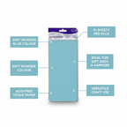 Light blue tissue paper pack of 10 feature infographic showing 10 sheets, soft blue colour, acid-free, gift bag and craft use callouts