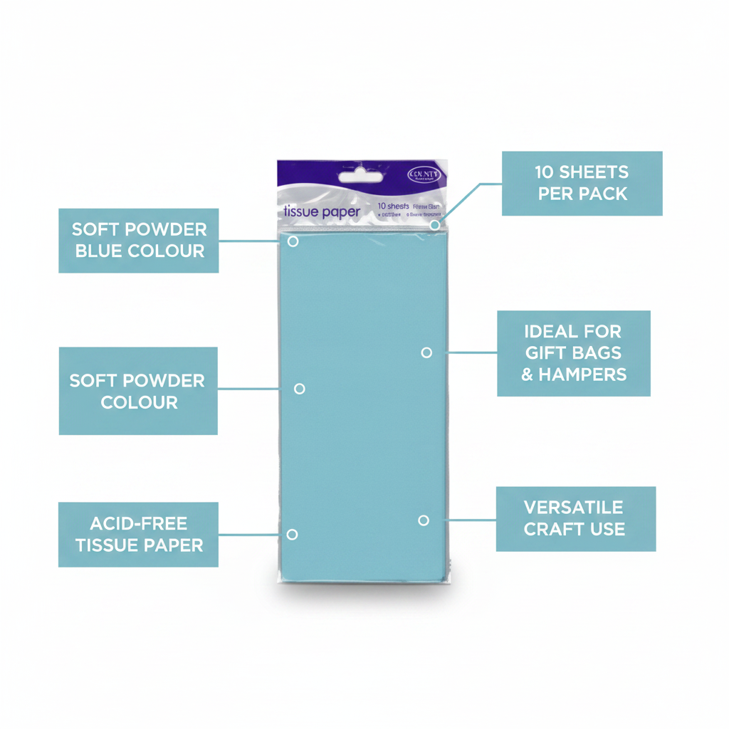 Light blue tissue paper pack of 10 feature infographic showing 10 sheets, soft blue colour, acid-free, gift bag and craft use callouts