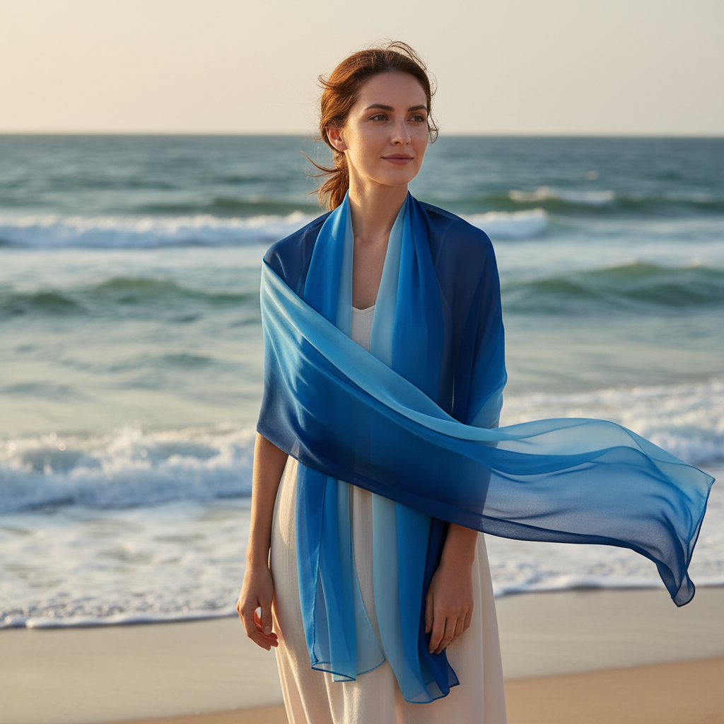 Woman wearing navy blue gradient chiffon scarf at a coastal seaside location with ocean in background