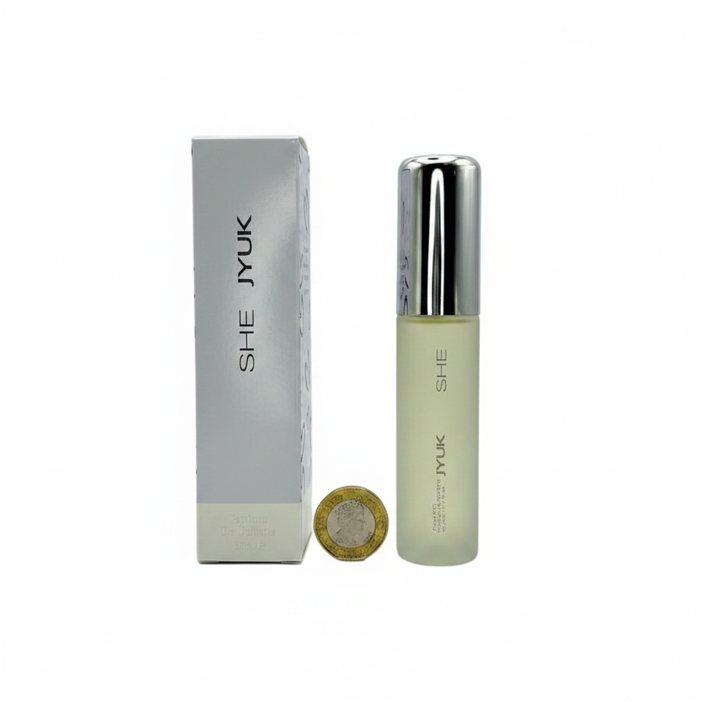 Milton Lloyd She JYUK perfume bottle and box flat lay beside British pound coin showing product scale