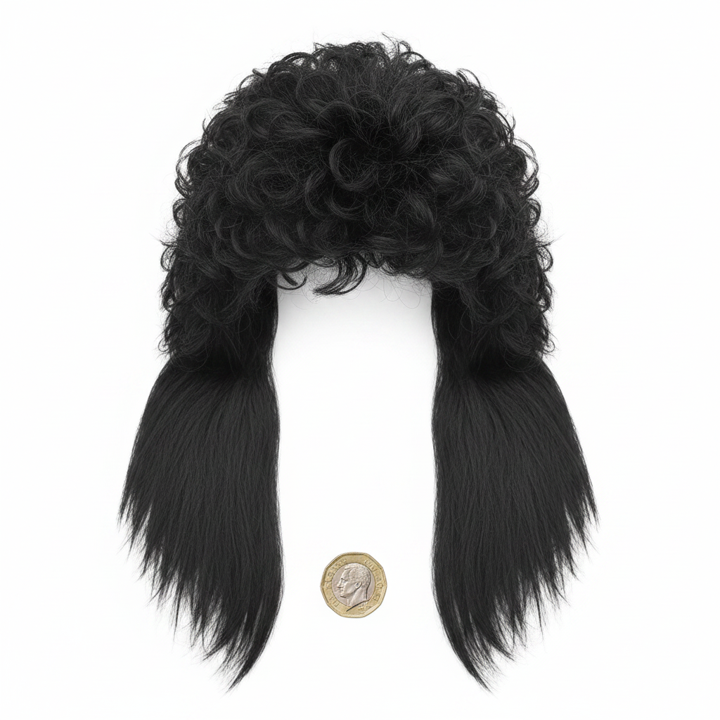 Men's 1980s black mullet wig flat lay on white background beside a £1 coin for scale reference showing full wig dimensions