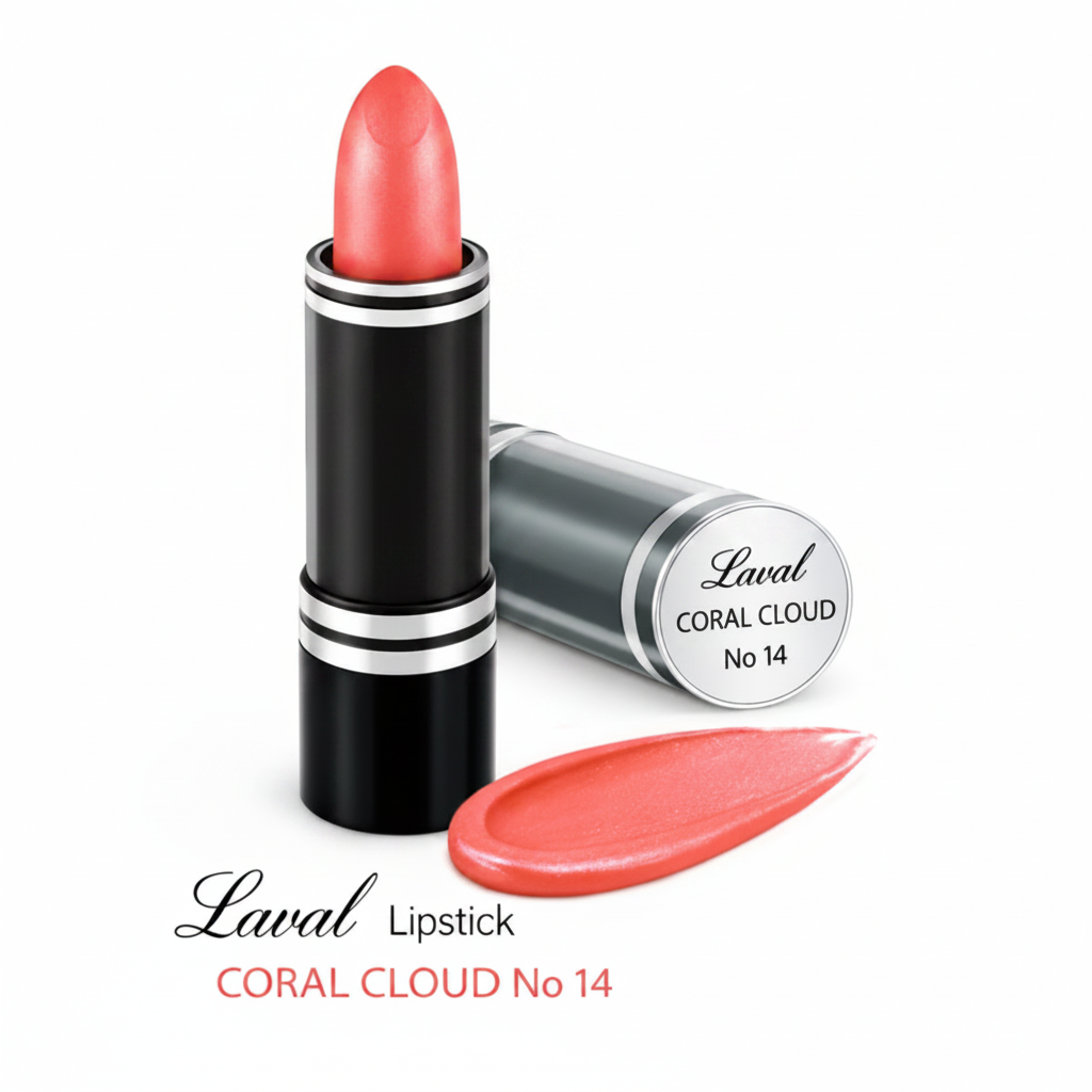 Laval Lipstick Coral Cloud 14 matte black tube on pure white background, studio hero shot