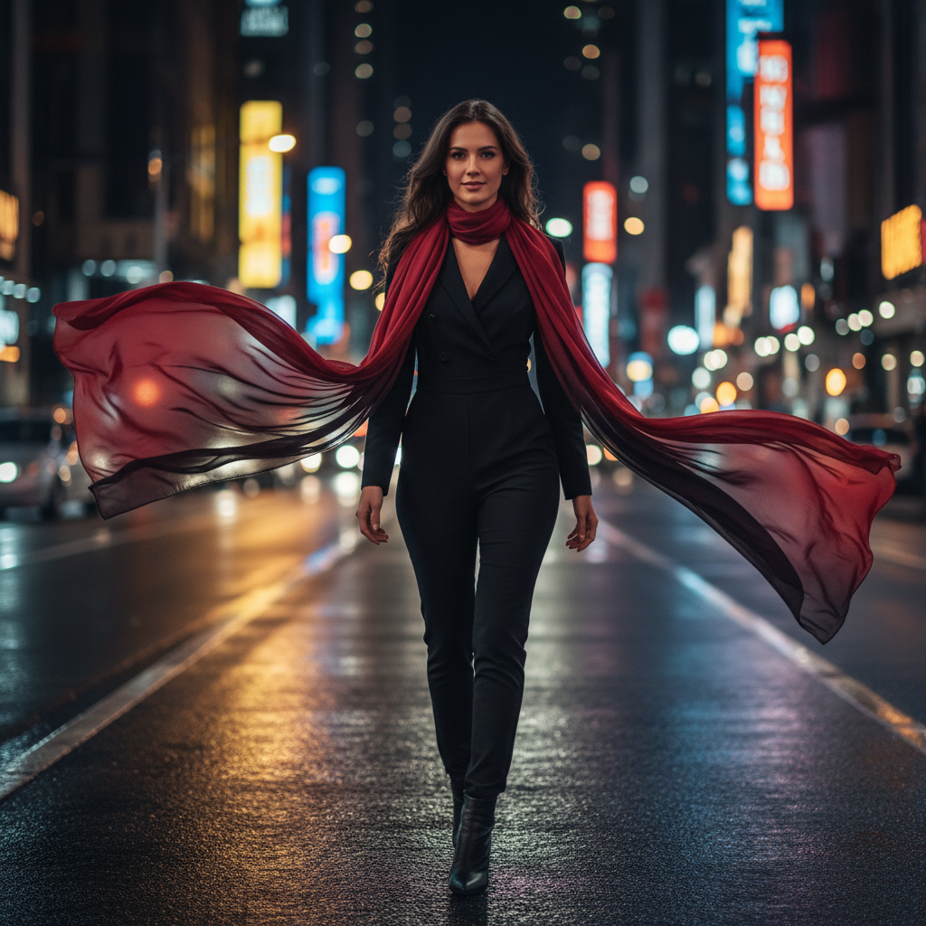 Stylish woman wearing red and black gradient chiffon scarf walking through city street at night
