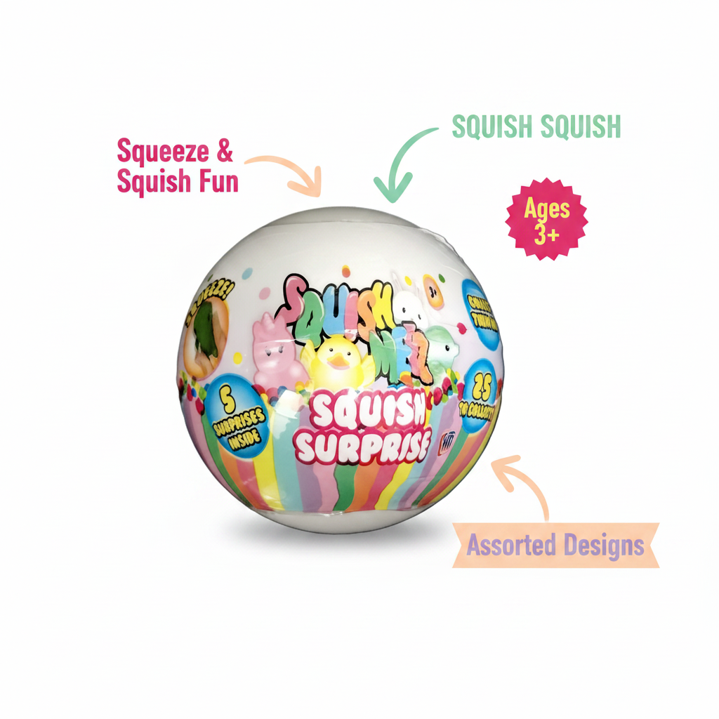 HTI Squish Surprise Ball feature infographic showing 5 surprises inside, 25 to collect, squeeze fun, assorted designs, ages 3 plus