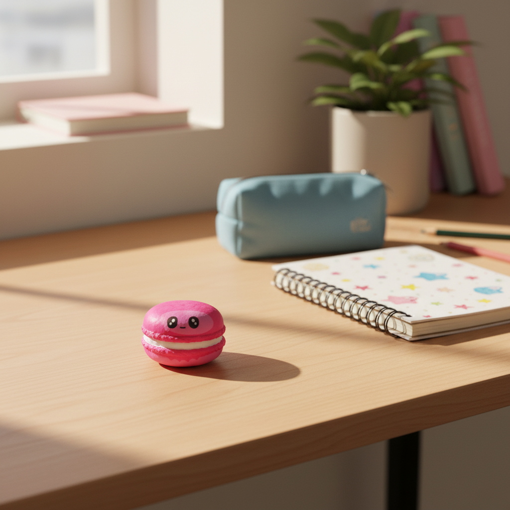 Pink kawaii squishy dessert toy on wooden desk natural window light environment