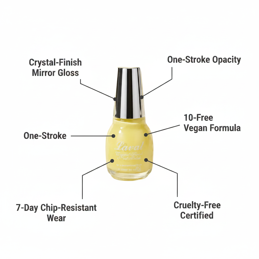 Laval Crystal Finish Nail Polish pastel yellow infographic showing key features: crystal-finish mirror gloss, one-stroke opacity, 10-free vegan formula, 7-day chip-resistant wear, cruelty-free certified