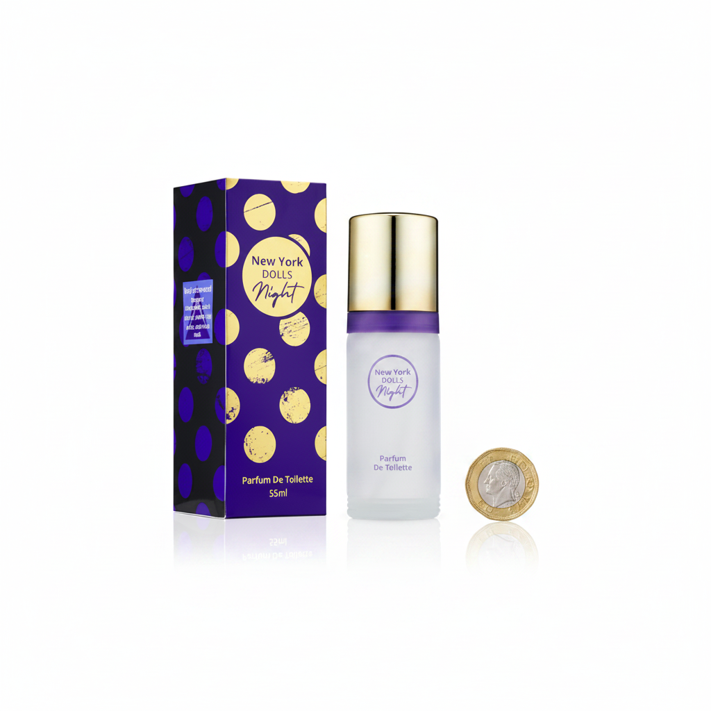 New York Dolls Night 55ml frosted bottle and violet gold polka dot box flat lay with £1 coin for scale — clean white background