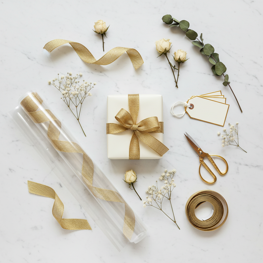 Flat lay of gift wrapping supplies including clear cellophane roll, scissors, ribbon and gift tags on marble