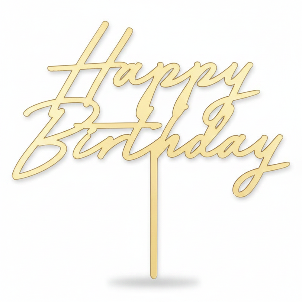Gold mirror-finish acrylic Happy Birthday cake topper on white background, cursive script, single stake