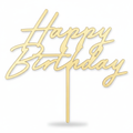 Gold mirror-finish acrylic Happy Birthday cake topper on white background, cursive script, single stake
