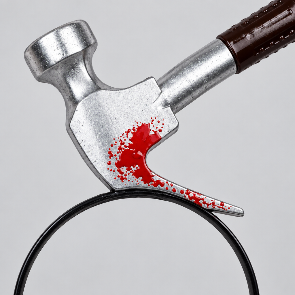 Close-up of the silver hammer head with red fake blood splatter on the black headband