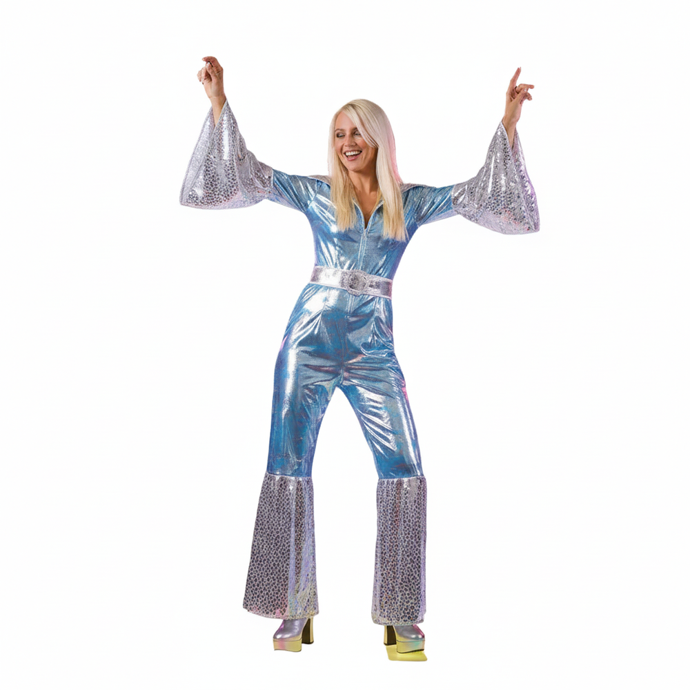 Women's ABBA Waterloo blue silver holographic jumpsuit costume with sequin bell sleeves and silver belt on white background — UK size 14-16