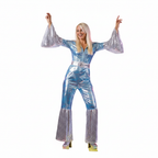 Women's ABBA Waterloo blue silver holographic jumpsuit costume with sequin bell sleeves and silver belt on white background — UK size 14-16