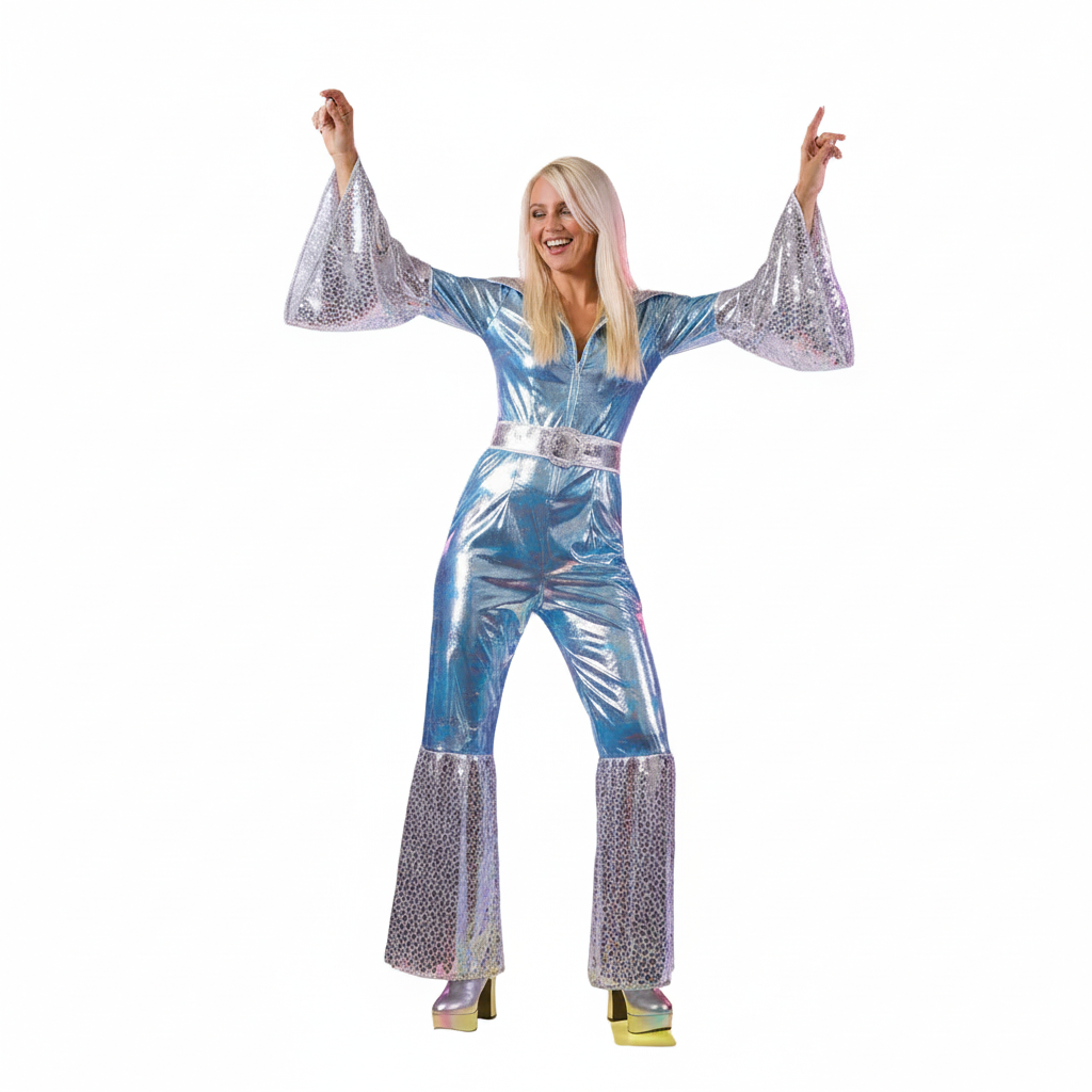 Women's ABBA Waterloo blue silver holographic jumpsuit costume with sequin bell sleeves and silver belt on white background — UK size 14-16