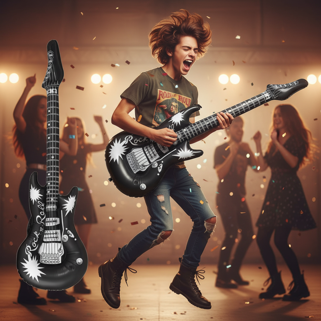 Person playing air guitar with black metallic inflatable rock n roll guitar at a party
