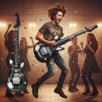 Person playing air guitar with black metallic inflatable rock n roll guitar at a party