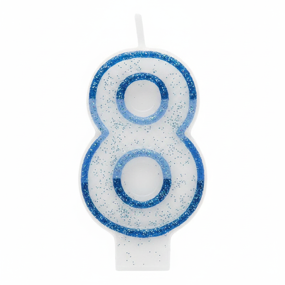Blue glitter number 8 birthday candle on pure white background, studio lighting, Amazon hero shot