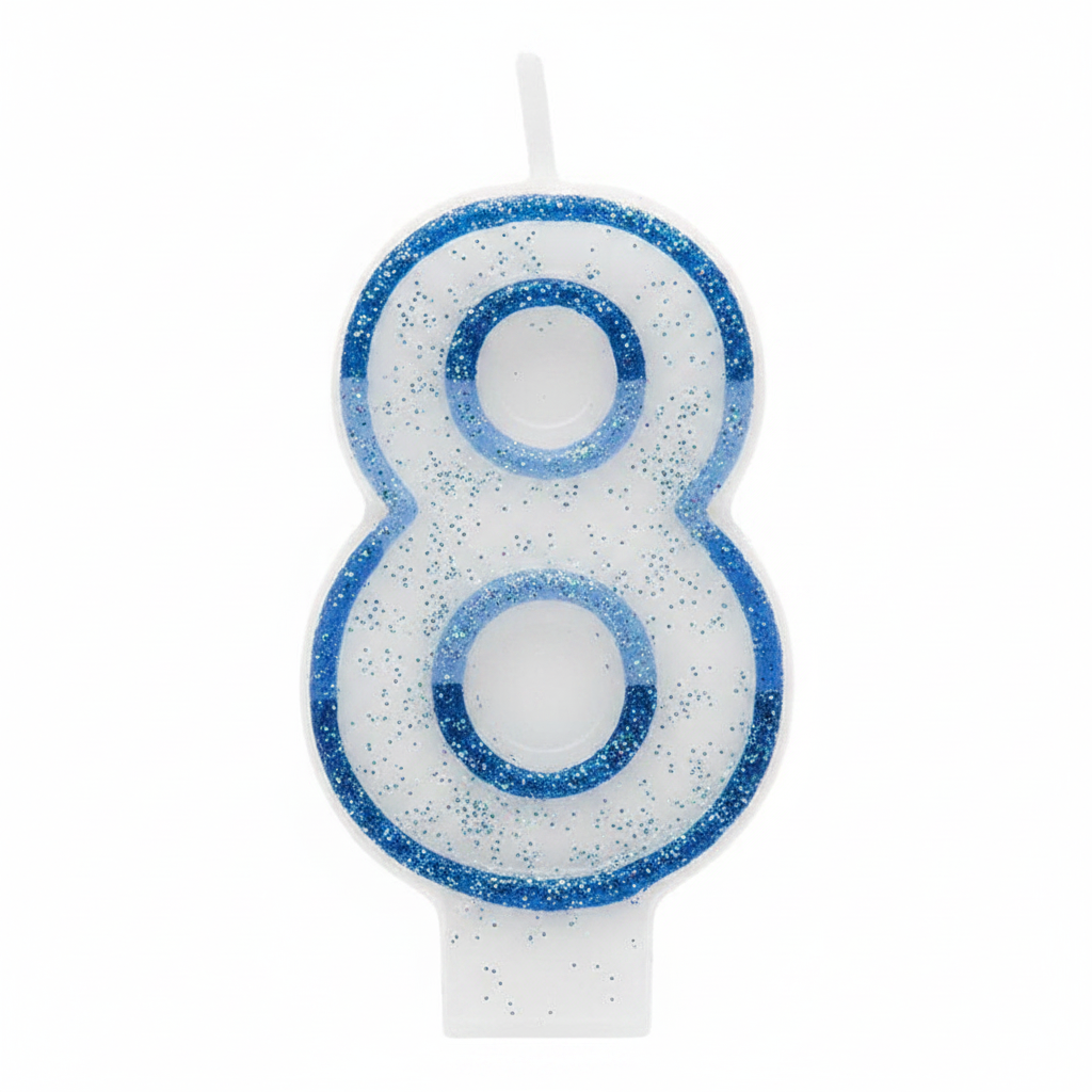 Blue glitter number 8 birthday candle on pure white background, studio lighting, Amazon hero shot