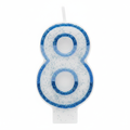 Blue glitter number 8 birthday candle on pure white background, studio lighting, Amazon hero shot