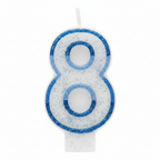 Blue glitter number 8 birthday candle on pure white background, studio lighting, Amazon hero shot