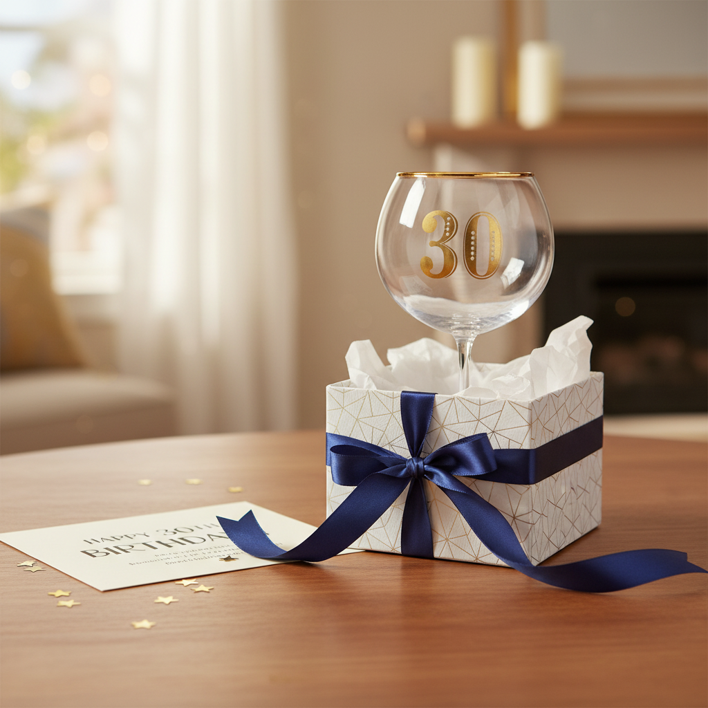 Art Deco 30th Birthday Gin Glass beautifully gift wrapped with birthday card and ribbon, perfect 30th birthday gift