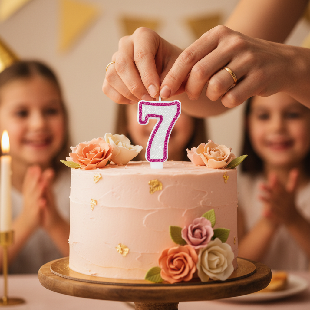 Hands placing a white glitter number 7 birthday candle with hot pink border onto a decorated birthday cake
