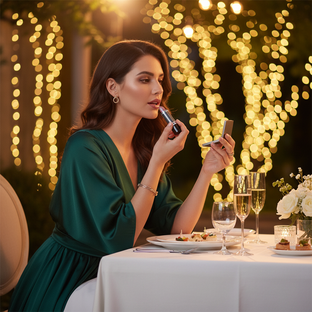 Woman touching up Laval Tawny No 37 lipstick at a glamorous golden hour evening celebration