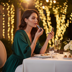 Woman touching up Laval Tawny No 37 lipstick at a glamorous golden hour evening celebration