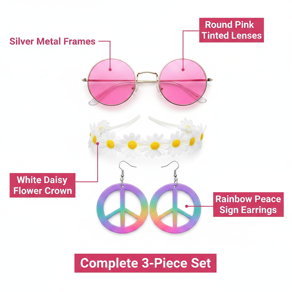 Feature infographic of adult hippie fancy dress set showing pink sunglasses, daisy flower crown and rainbow peace sign earrings with labelled callouts