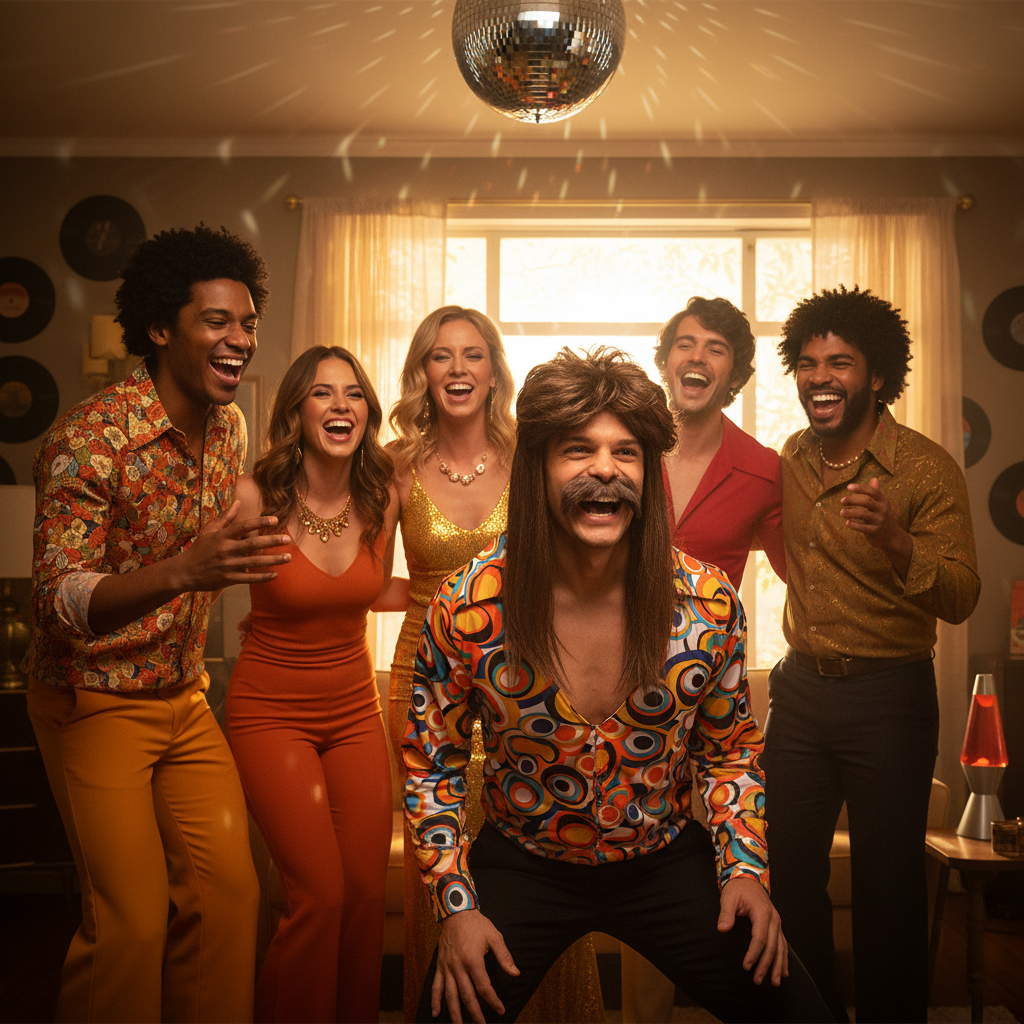 Group of friends celebrating at 70s fancy dress party, one wearing brown mullet wig and moustache