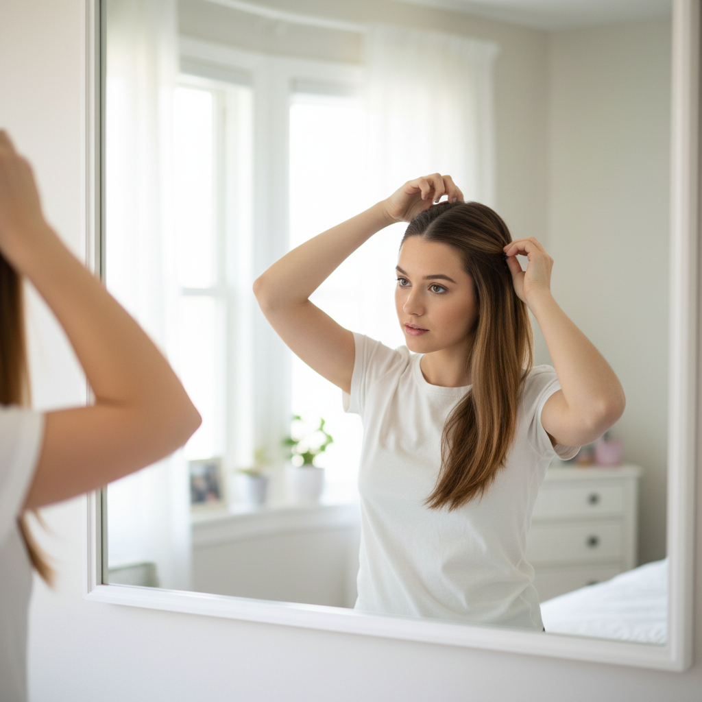 Woman clipping in a caramel brown one piece hair extension, candid authentic application moment with warm bokeh background