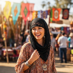Fashionable woman styling black triangle lace scarf as hair accessory at outdoor festival market in daylight