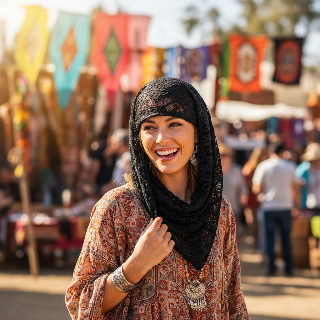 Fashionable woman styling black triangle lace scarf as hair accessory at outdoor festival market in daylight