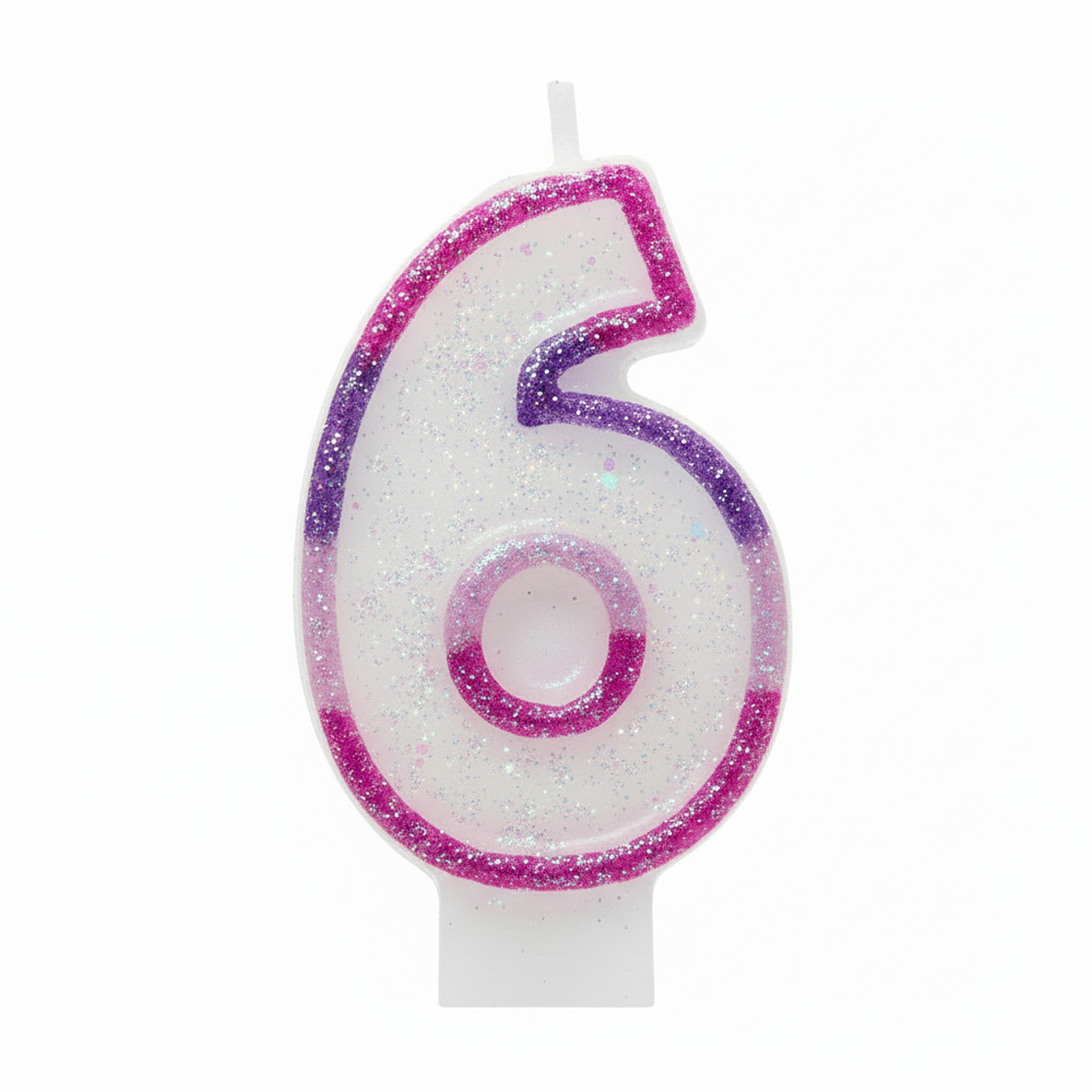 Pink glitter number 6 birthday candle centred on pure white background, Amazon and eBay compliant hero shot