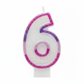 Pink glitter number 6 birthday candle centred on pure white background, Amazon and eBay compliant hero shot