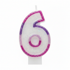 Pink glitter number 6 birthday candle centred on pure white background, Amazon and eBay compliant hero shot
