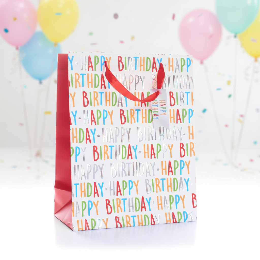 Happy Birthday medium multi-coloured gift bag 9x7.5 inch with vibrant party background