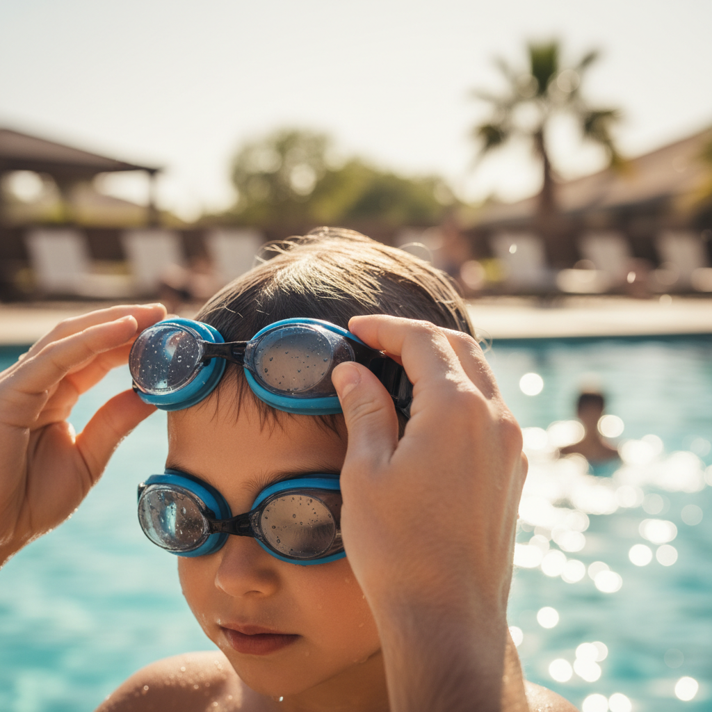 Parent helping child put on Osprey swimming goggles poolside - candid authentic moment