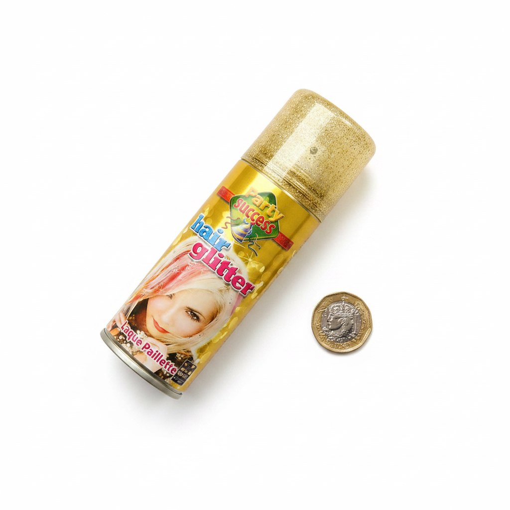 Party Success Gold Glitter Hair Spray 125ml can beside a £1 coin showing product size and scale on white background