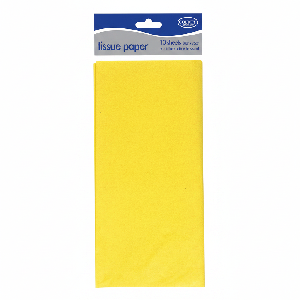 Yellow tissue paper pack of 10 on pure white background, studio hero shot