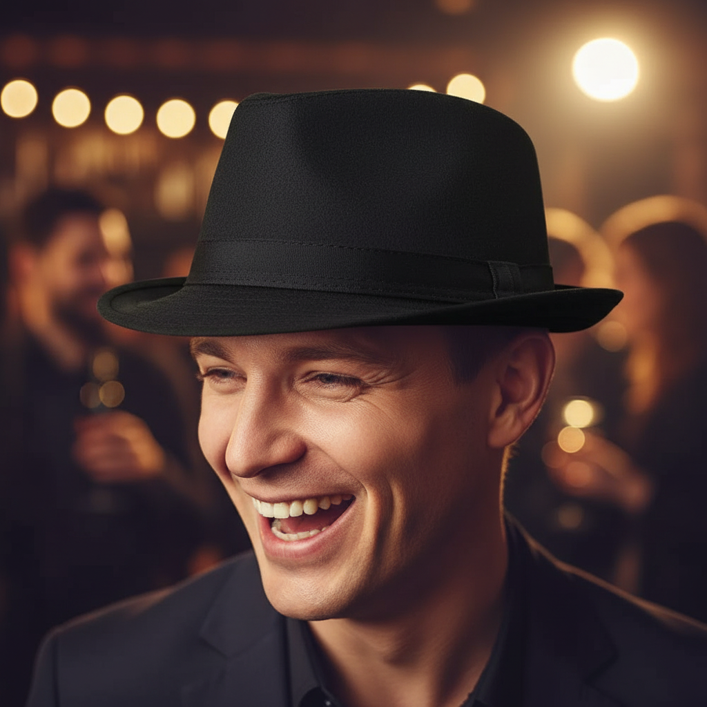 Person wearing adults black trilby hat laughing at a social event, warm bokeh background