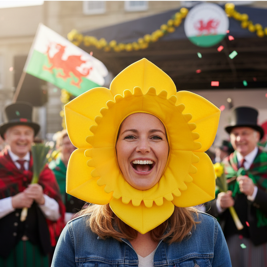 Person wearing Welsh Daffodil Novelty Hat at St David's Day celebration