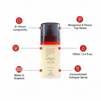 Taylor of London Chique cologne feature infographic showing 8+ hour longevity, bergamot and peony notes, 100ml size, Made in England, premium brand design