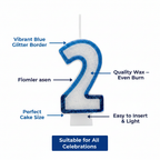 Blue Number 2 Birthday Candle feature infographic highlighting glitter border, quality wax, perfect size and ease of use - Why Not Shop
